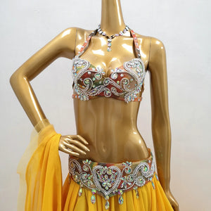 Belly Dance Costume Women's Yellow Sequin & Bead Embellished Chiffon Bra Top and Slit Skirt Set