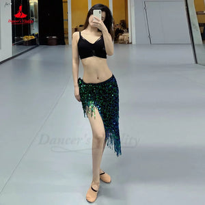 Belly Dance Hip Scarf, Women's Green Sequin Tassel Fringe Wrap Skirt, Asymmetrical Latin Dance Belt