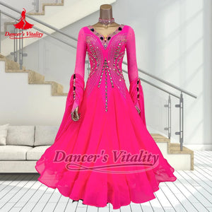 Ballroom Dance Dress Women's Hot Pink Rhinestone Mesh Long Sleeve V-Neck Chiffon Standard Smooth Competition Gown