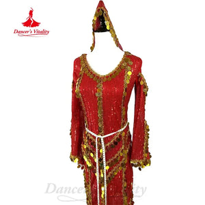Women's Red Sequin & Gold Coin Belly Dance Dress with Hood