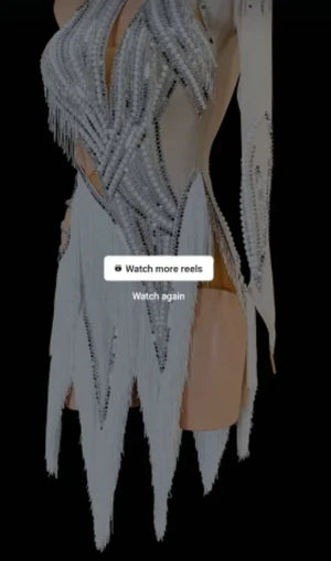 Ballroom Dance Dress Women's Light Blue & White Fringe, One-Shoulder AB Stone Embellished Latin Rhythm Gown