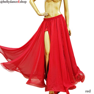 Belly Dance Women's Yellow Chiffon Full Circle Skirt with Gold Trim, Slit Design