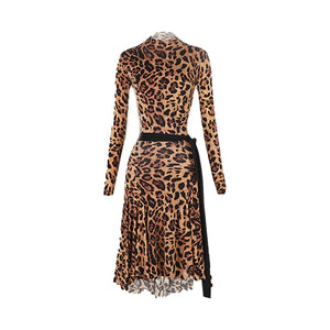 Women's Leopard Print Long Sleeve High Neck Latin Dance Dress with Black Tie-Waist, Asymmetrical Hem