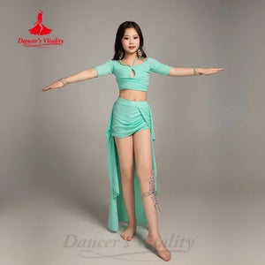 Kids Girls Orange Belly Dance Costume Set with Flowy Skirt and Rhinestone Leg Decal