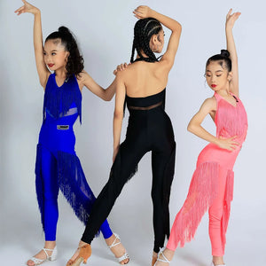Kids Girls Blue Fringe Latin Dance Jumpsuit, Black Halter Mesh Fringe Dance Jumpsuit, Kids Girls Pink Fringe Latin Dance Jumpsuit