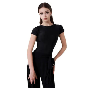 Women's Black Short Sleeve Boat Neck Dance Top and Wide Leg Ruffle Hem Pants Set for Latin Ballroom