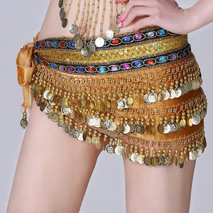 Belly Dance Hip Scarf, Women's Green Sequin & Coin Fringe Velvet & Chiffon Belly Dance Hip Scarf