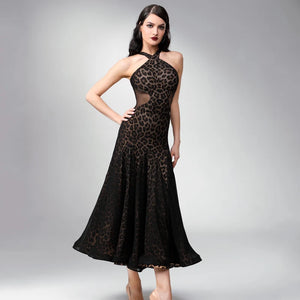 Women's Black Leopard Print Mesh Halterneck Ballroom Dance Dress