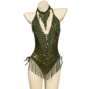 Women's Olive Green Beaded Sequin Halter Neck Fringe Latin Dance Leotard