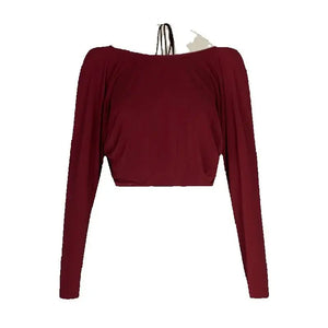 Women's Burgundy & Black Fringe Latin Dance Skirt Set with Long Sleeve Crop Top