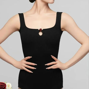 Women's Black and Beige Square Neck Bodysuit with Keyhole and Wide Leg Dance Trousers for Ballroom Dance