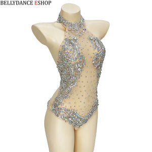 Women's Gold and Green Beaded Halter Neck Bodysuit, Ballroom Dance