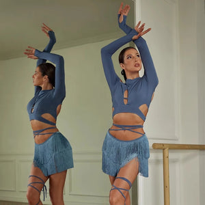 Women's Black Cold Shoulder Fringe Latin Dance Dress with Criss-Cross Cut-Outs