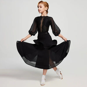 Kids Girls Black Sheer Lace Long Sleeve Ballroom Latin Dance Dress with Ruffled Skirt