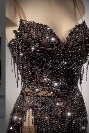 Dance Dress Women's Black Sequin Beaded Fringe Bodycon Latin Ballroom