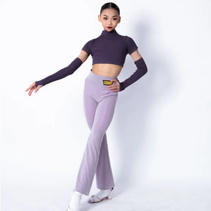 Girls' Lavender Ribbed Crop Top & Flared Pants Set with Arm Warmers, Ballroom Dance