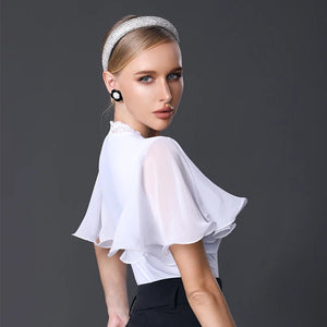 Ballroom Dance Bodysuit Women's White and Black V-Neck Lace Trim Chiffon Sleeve Button Front Jumpsuit