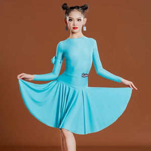 Girls Latin Dance Dress, Long Sleeve, Pleated Skirt, Ballroom Performance Costume