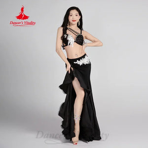 Women's Belly Dance 2-Piece Costume With AB Rhinestone Bra and Fishtail Skirt for Adult Competition