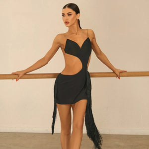 Women's Leopard Print Black Fringe Cutout Latin Dance Dress