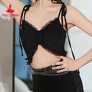 Women's White Lace Ruffled Crop Top Latin Dance Bra, Women's Black Sequin Lace Camisole Latin Dance Top