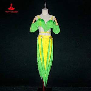 Women's Hot Pink Fringe Sequin Asymmetrical Skirt Latin Dance Dress