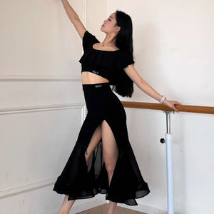 Women's Black and Red Off-Shoulder Ruffle Crop Top and High Slit Ruffled Hem Latin Dance Skirt Set