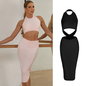 Women's Pink Halter Neck Ruched Cutout Bodycon Midi Dress for Latin Dance
