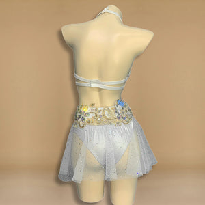 Belly Dance Women's White and Gold Sequin and Rhinestone Halter Top and Skirt Set with Sheer Overlay, Bellydance Performance Costume