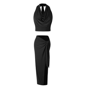 Women's White Halter Neck Draped Cowl Neck High Slit Ruched Maxi Dress for Latin Dance