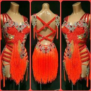Latin Dance Dress Women's Orange Rhinestone Fringe Cut-Out Backless Performance Costume