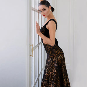 Women's Black Lace Cut-Out Ballroom Dance Dress with Gold Lining