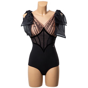 Women's Black Sheer Mesh & Bow Detail Ballroom Latin Rhythm Dance Dress with Beaded Hem