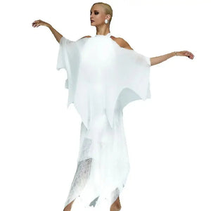Women's White Chiffon & Lace Halter Neck Asymmetrical Overlay Ballroom Dance Dress