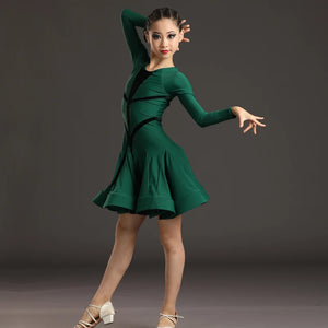 Girls Ballroom Dance Dress, Red Green Blue Long Sleeve Velvet Panel Ruffle Latin Salsa Dress