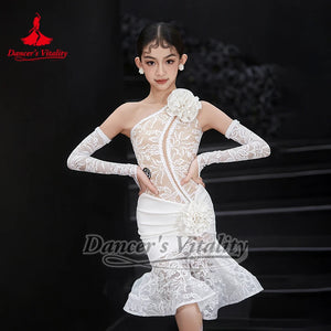 Women's Black & White Lace One-Shoulder Ruffle Latin Dance Dress