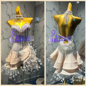 Latin Dance Dress Women's Nude Rhinestone Fringe Feather Ruffled Halter Mini Dress