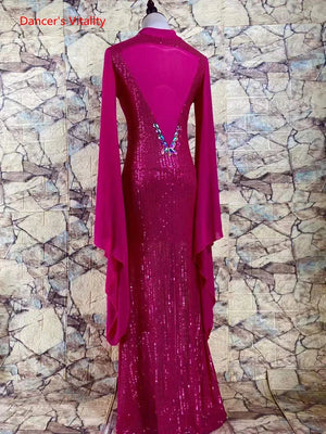 Women's Fuchsia Sequin & Chiffon Latin Ballroom Dance Dress with Halter Neck and Flowing Sleeves