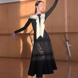 Women's Black and Cream Off-Shoulder Long Sleeve Lace Ballroom Dance Dress