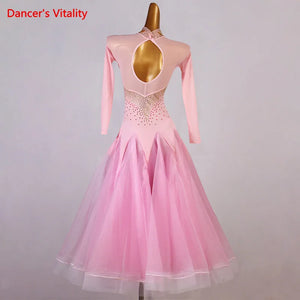 Ballroom Dance Dress Women's Green Mesh Long Sleeve Embellished Gown Standard Waltz Tango Competition Costume