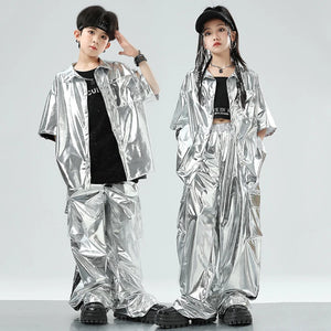 Kids' Silver Metallic Hip Hop Dance Costume Set, Loose Fit Short Sleeve Shirt & Cargo Pants