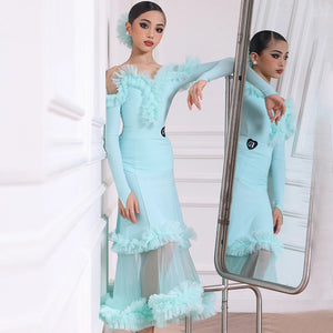Ballroom Dance Dress Girls Black Off-Shoulder Ruffle Mesh Polka Dot Latin Dance Dress, Ballroom Dance Dress Girls Light Blue Off-Shoulder Ruffle Mesh Latin Dance Dress