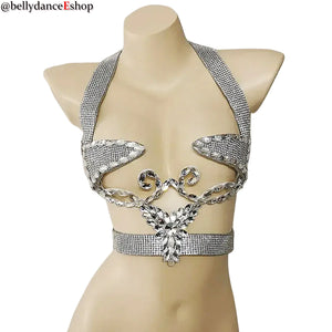 Women's Silver Rhinestone Halter Neck Open Bust Body Chain Belly Dance Bra Top