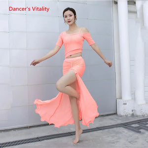 Women's Pink Rhinestone Off-Shoulder Crop Top and Ruched Maxi Skirt Latin Dance Set