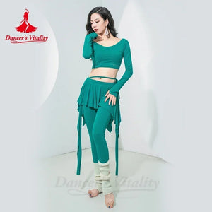 Belly Dance Practice Set Women's Teal Green Long Sleeve Crop Top with Skirted Leggings and Ribbed Leg Warmers