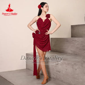 Latin Dance Dress Women's Red Sparkle Backless Draped Fringe Rumba Samba Cha Cha Performance Costume