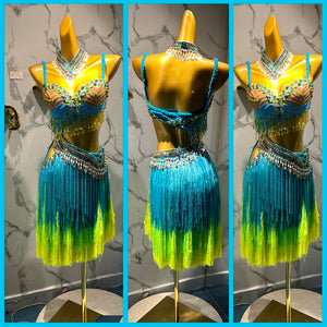Latin Dance Dress Women Blue Yellow Fringe Beaded Rhinestone Bra Skirt Set, Spandex/Polyester, Professional Performance/Competition