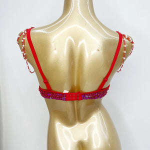 Women's Red Sequin & Pearl Beaded Belly Dance Bra Top with Shoulder & Waist Chains