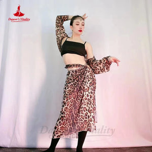 Belly Dance Costume Women's Leopard Print Chiffon Long Sleeve Crop Top and Slit Skirt Set with Fishnet Tights