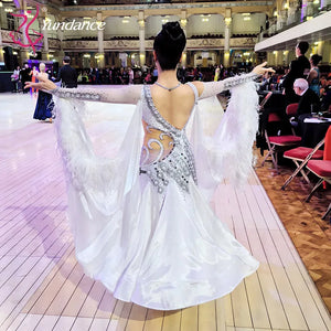 Women's Standard Ballroom Dance Dress In Chiffon With Ostrich Feathers For Competition